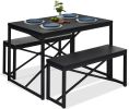 Metal Frame Black Wood Top Table and 2 Bench Chairs