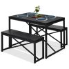 Metal Frame Black Wood Top Table and 2 Bench Chairs
