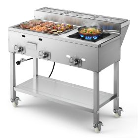 Outdoor Propane Griddle, 3 Burners (11,600 BTU Each), Commercial Stainless Steel Griddle with Three 1/3 Size Food Pans