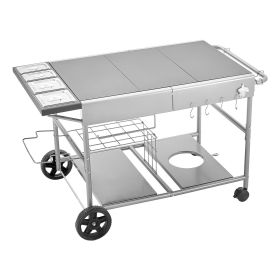 Outdoor Grill Cart, 36.4 x 23.4 x 1 inch Tabletop Size Grilling Table, Movable Outdoor Cooking Table with 4 Spice Containers, Wheels, Lids, Hooks