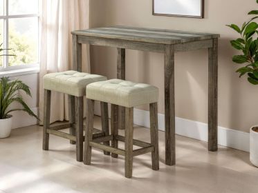 Transitional Brown Dining Table w 2x Stools Biscuit-Tufted Seat Cushion Chair