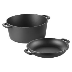 VEVOR Cast Iron Dutch Oven, 2-in-1 Pre-Seasoned Pot with Skillet Lid