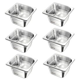 6 Pack Stainless Steam Hotel Pans, 1/6 Size Table Steam Pan, 4 Inch Deep