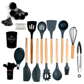 33pcs Set Wooden Handle Silicone Kitchen Utensils 33 Pieces Set (Color: Gray)