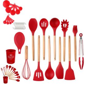 33pcs Set Wooden Handle Silicone Kitchen Utensils 33 Pieces Set (Color: Red)
