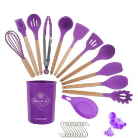 33pcs Set Wooden Handle Silicone Kitchen Utensils 33 Pieces Set (Color: Purple)