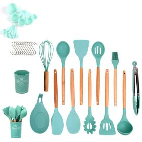 33pcs Set Wooden Handle Silicone Kitchen Utensils 33 Pieces Set (Color: Dark Green)