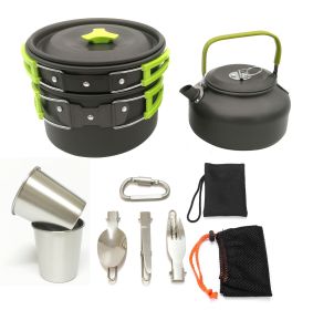 Outdoor set of pots and pans 2-3 people camping teapot cutlery set (Color: VNJF-green)