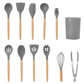 Silicone Cooking Utensil Set Heat Resist Wooden Handle (Color: Grey)