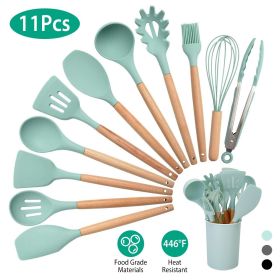 Silicone Cooking Utensil Set Heat Resist Wooden Handle (Color: LightGreen)