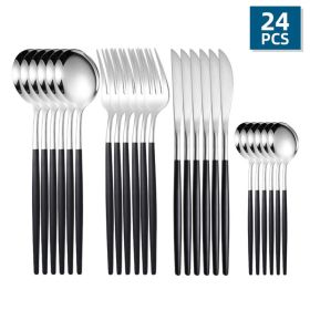 24pcs/Set Stainless Steel Cutlery; Portuguese Cutlery Spoon (Color: Silver + Black)