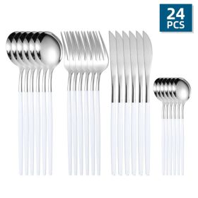 24pcs/Set Stainless Steel Cutlery; Portuguese Cutlery Spoon (Color: Silver + White)
