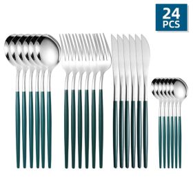 24pcs/Set Stainless Steel Cutlery; Portuguese Cutlery Spoon (Color: Silver + Green)