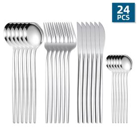 24pcs/Set Stainless Steel Cutlery; Portuguese Cutlery Spoon (Color: Silvery)