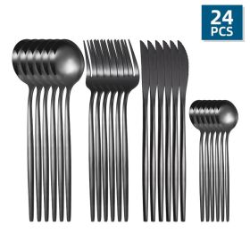 24pcs/Set Stainless Steel Cutlery; Portuguese Cutlery Spoon (Color: Black)