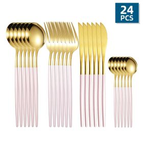 24pcs/Set Stainless Steel Cutlery; Portuguese Cutlery Spoon (Color: Gold + Pink)