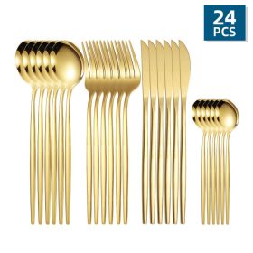 24pcs/Set Stainless Steel Cutlery; Portuguese Cutlery Spoon (Color: Golden)