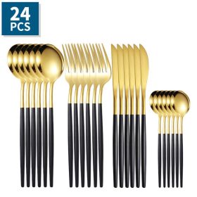 24pcs/Set Stainless Steel Cutlery; Portuguese Cutlery Spoon (Color: Gold + Black)