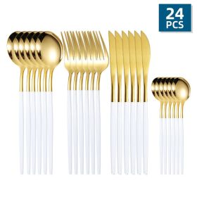 24pcs/Set Stainless Steel Cutlery; Portuguese Cutlery Spoon (Color: Gold + White)