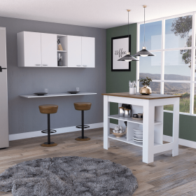 Austin 2 Piece Kitchen Set, Upper Wall Cabinet + Kitchen Island, White /Walnut (Color: White /Walnut)