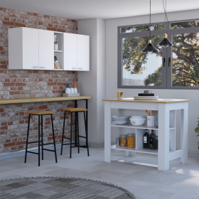 Austin 2 Piece Kitchen Set, Upper Wall Cabinet + Kitchen Island, White /Walnut (Color: White /Light Oak)
