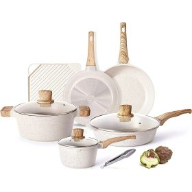 11 Pieces Pots and Pans Granite Stone Cookware Set Nonstick Pot Set (Color: White)
